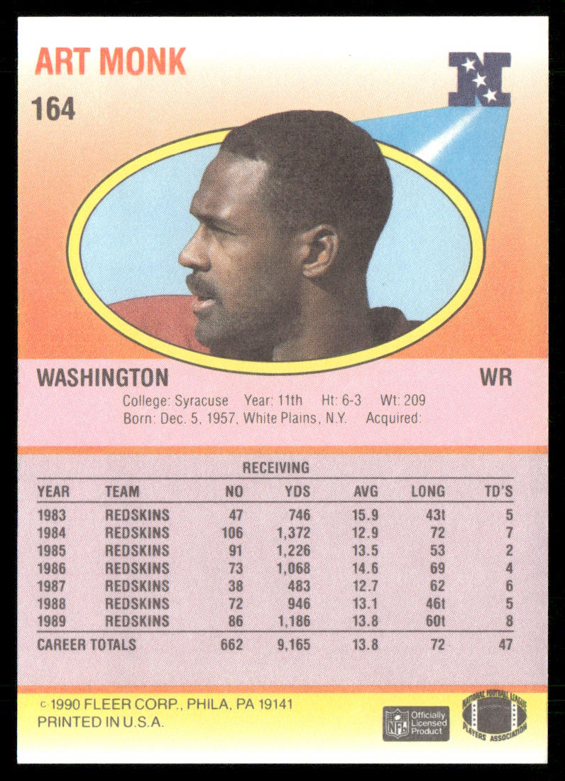 Art Monk 1990 Fleer #164 Washington Redskins