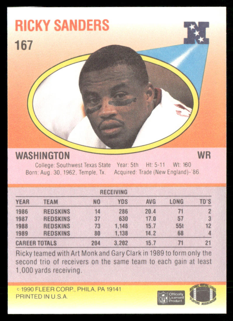 Ricky Sanders 1990 Fleer #167 Washington Redskins