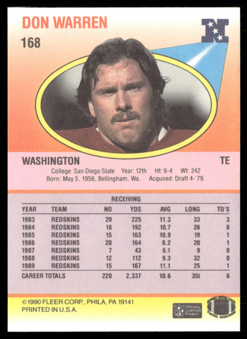 Don Warren 1990 Fleer #168 Washington Redskins