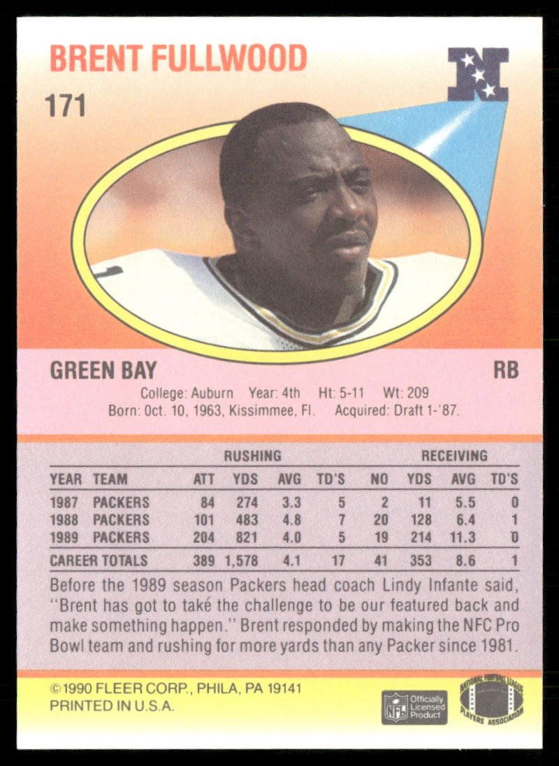 Brent Fullwood 1990 Fleer #171 Green Bay Packers