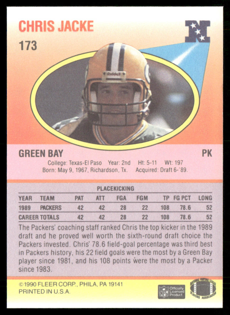 Chris Jacke 1990 Fleer #173 RC Green Bay Packers