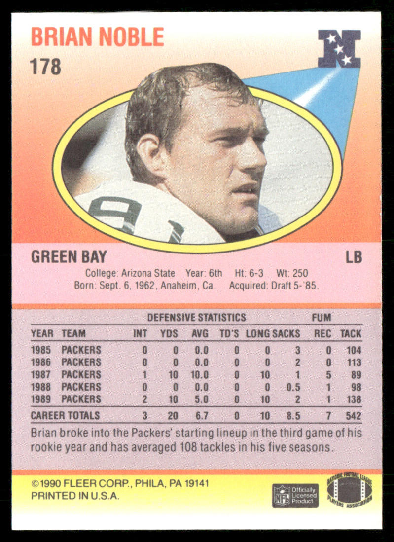 Brian Noble 1990 Fleer #178 Green Bay Packers
