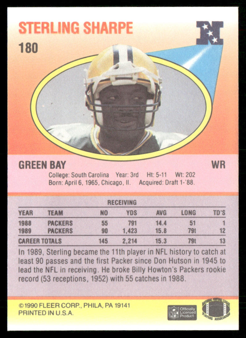 Sterling Sharpe 1990 Fleer #180 Green Bay Packers