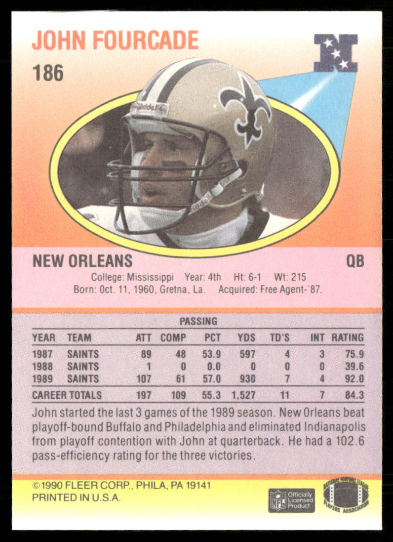 John Fourcade 1990 Fleer #186 RC New Orleans Saints