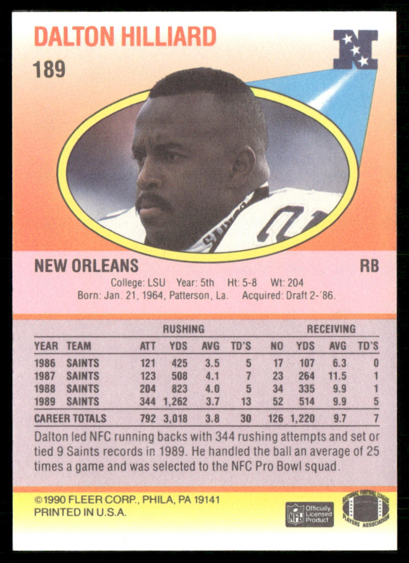 Dalton Hilliard 1990 Fleer #189 New Orleans Saints