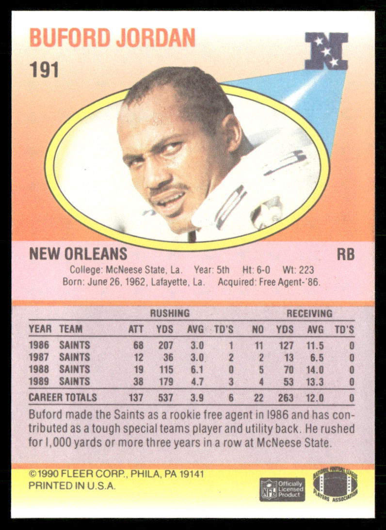 Buford Jordan 1990 Fleer #191 RC New Orleans Saints