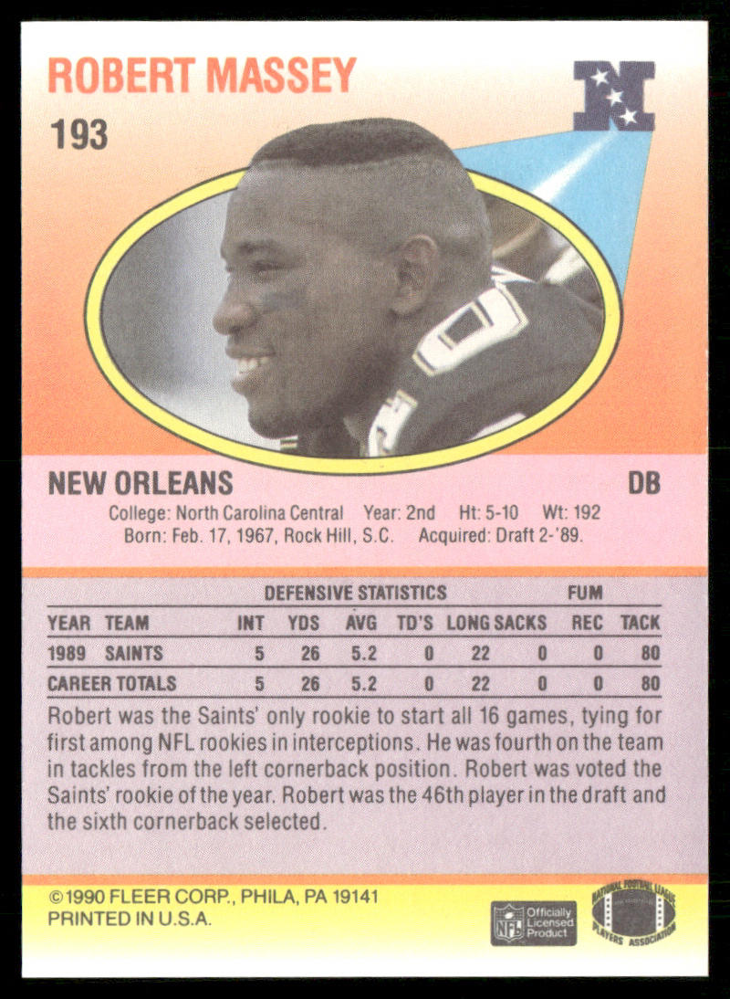 Robert Massey 1990 Fleer #193 RC New Orleans Saints