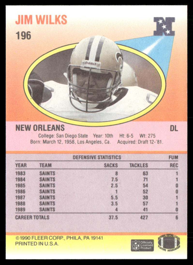 Jim Wilks 1990 Fleer #196 New Orleans Saints