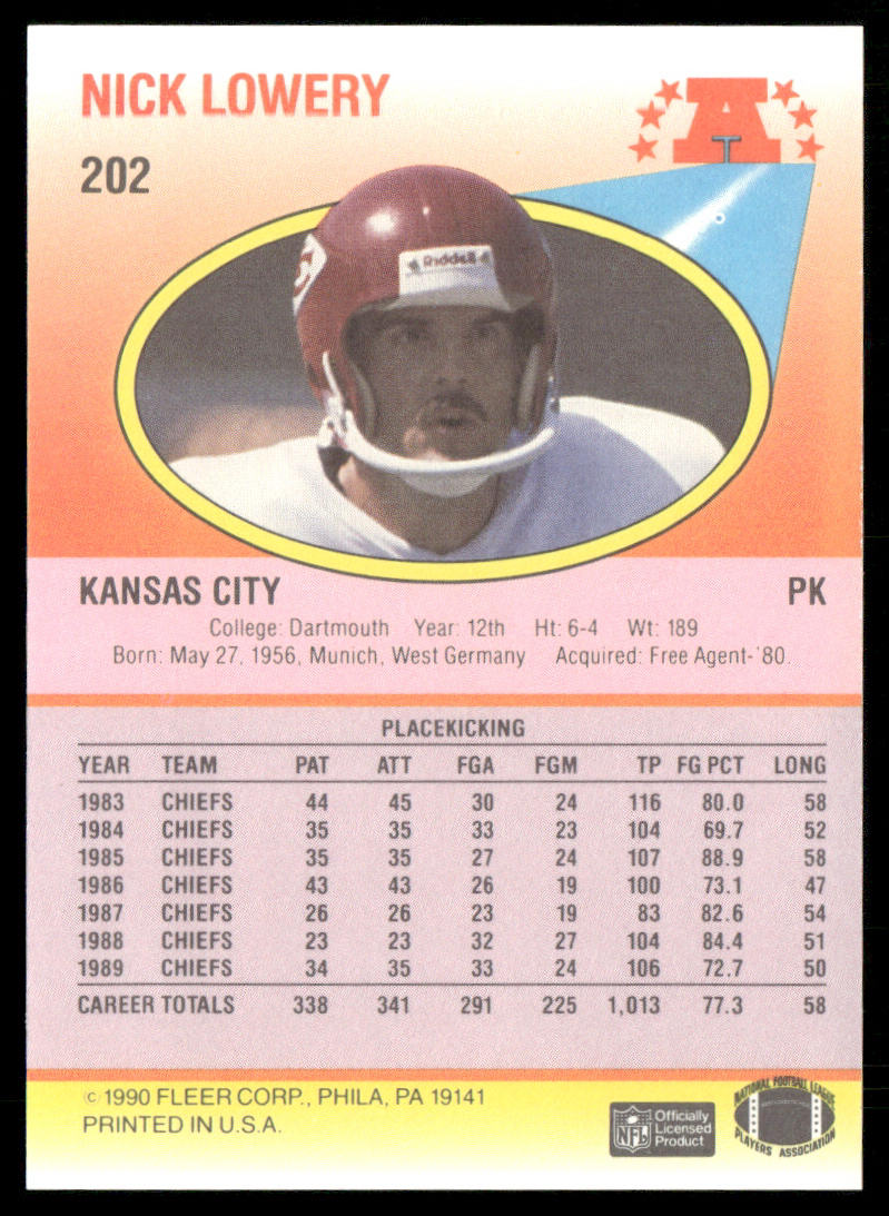 Nick Lowery 1990 Fleer #202b Kansas City Chiefs