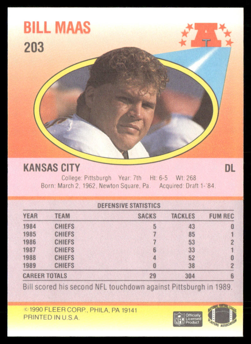 Bill Maas 1990 Fleer #203a Kansas City Chiefs