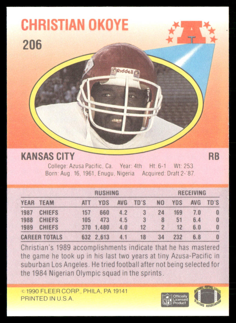 Christian Okoye 1990 Fleer #206b Kansas City Chiefs