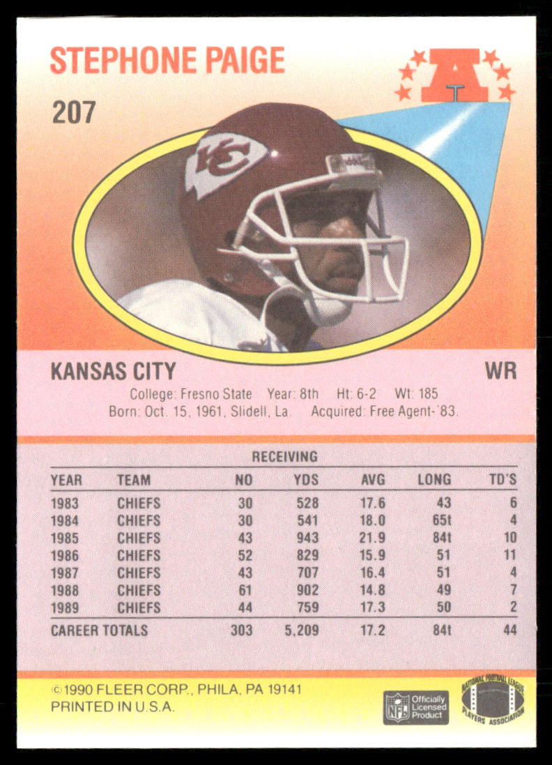 Stephone Paige 1990 Fleer #207a Kansas City Chiefs