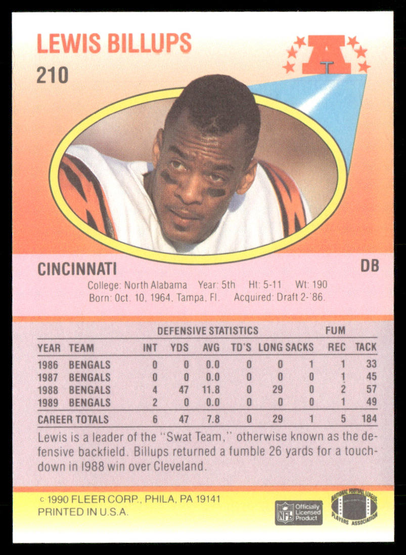 Lewis Billups 1990 Fleer #210a Cincinnati Bengals