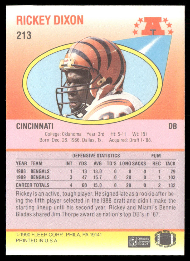 Rickey Dixon 1990 Fleer #213b RC Cincinnati Bengals
