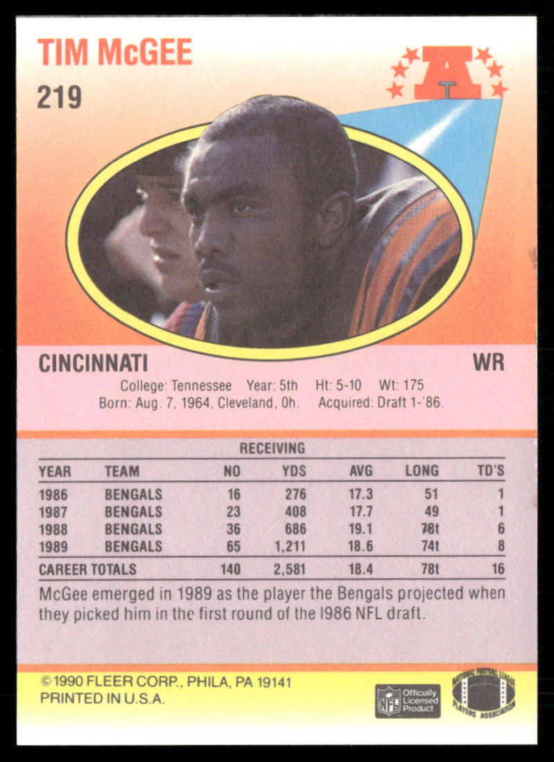 Tim McGee 1990 Fleer #219 Cincinnati Bengals
