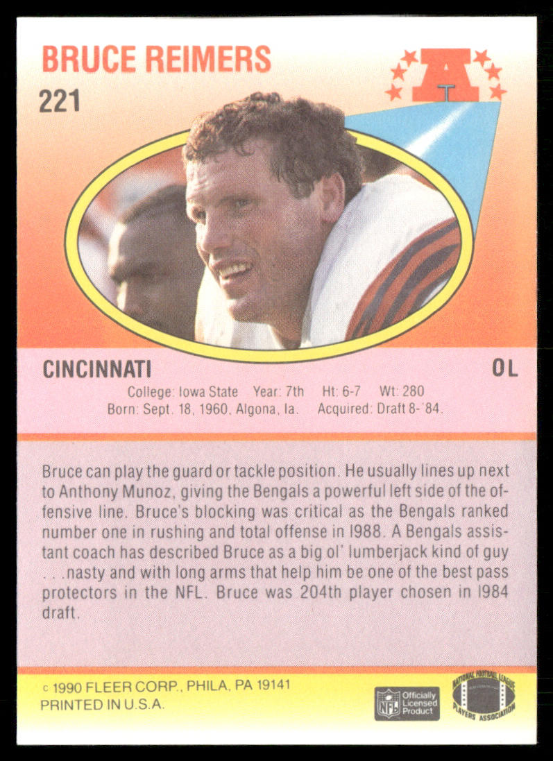 Bruce Reimers 1990 Fleer #221a RC Cincinnati Bengals