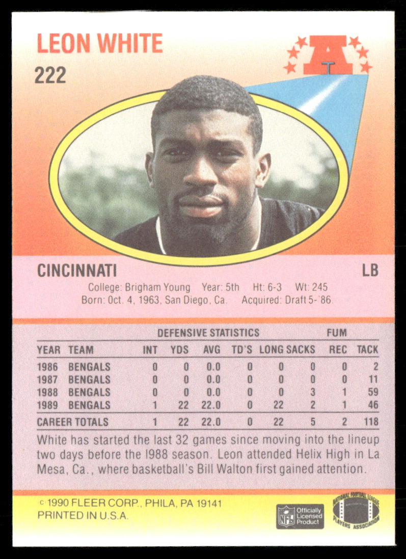 Leon White 1990 Fleer #222a Cincinnati Bengals