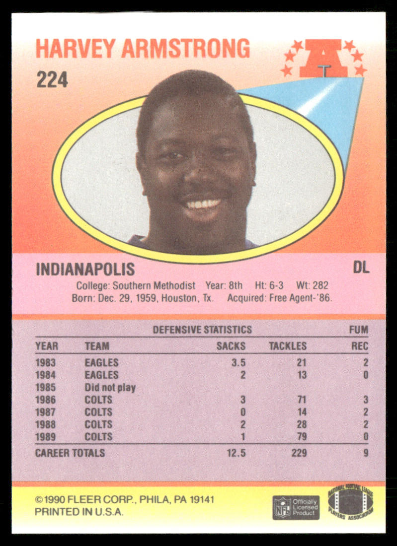 Harvey Armstrong 1990 Fleer #224 RC Indianapolis Colts