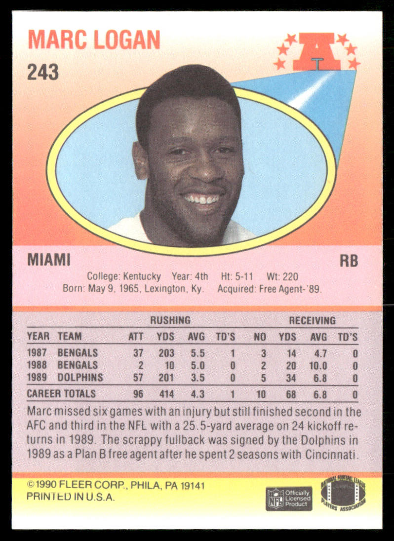 Marc Logan 1990 Fleer #243 RC Miami Dolphins