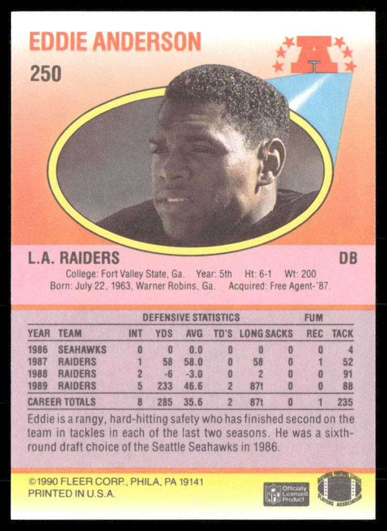Eddie Anderson 1990 Fleer #250 RC Los Angeles Raiders
