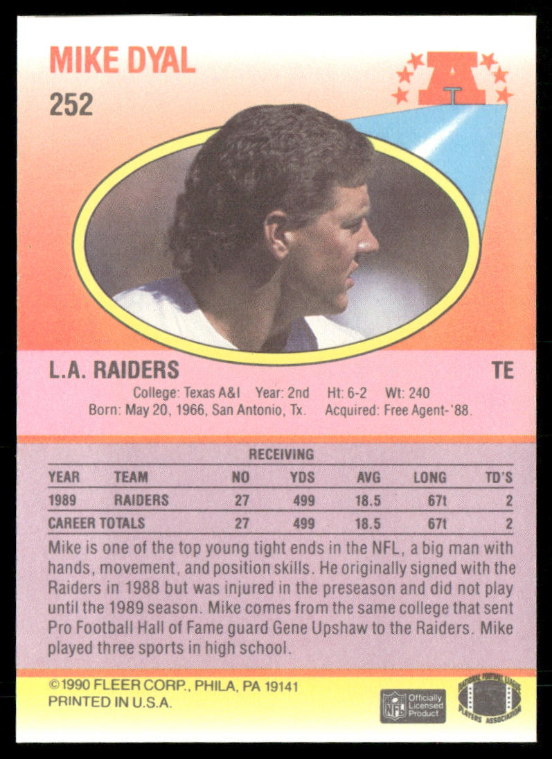 Mike Dyal 1990 Fleer #252 RC Los Angeles Raiders