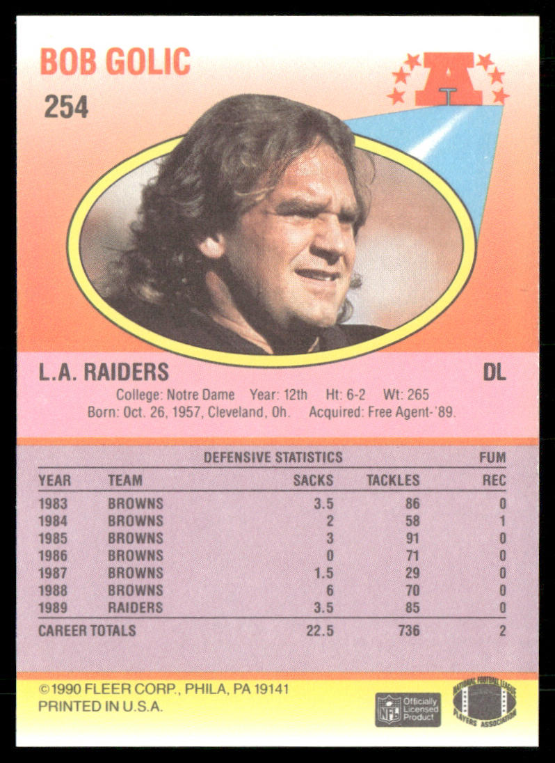 Bob Golic 1990 Fleer #254 Los Angeles Raiders