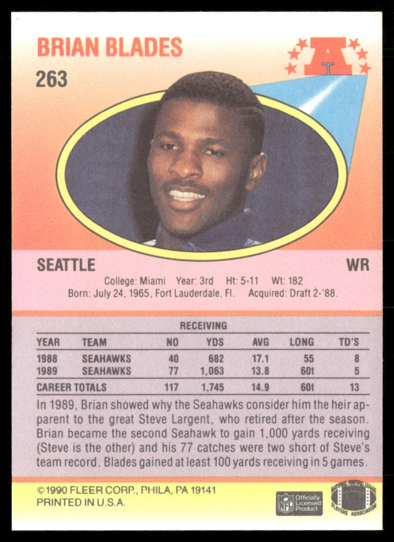 Brian Blades 1990 Fleer #263 Seattle Seahawks