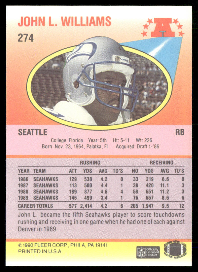 John L. Williams 1990 Fleer #274 Seattle Seahawks