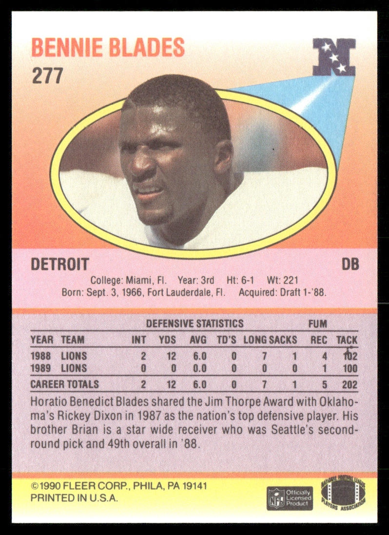 Bennie Blades 1990 Fleer #277 Detroit Lions