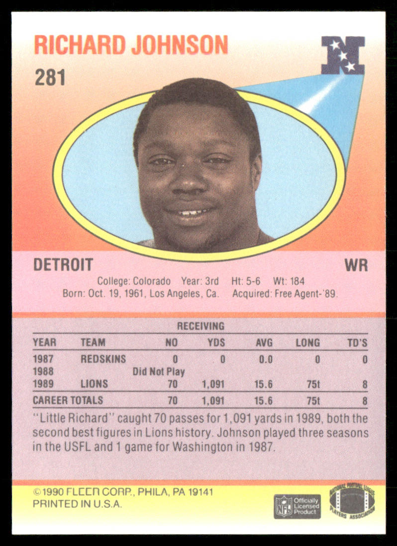 Richard Johnson 1990 Fleer #281 RC Detroit Lions
