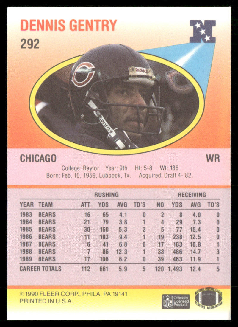 Dennis Gentry 1990 Fleer #292 Chicago Bears