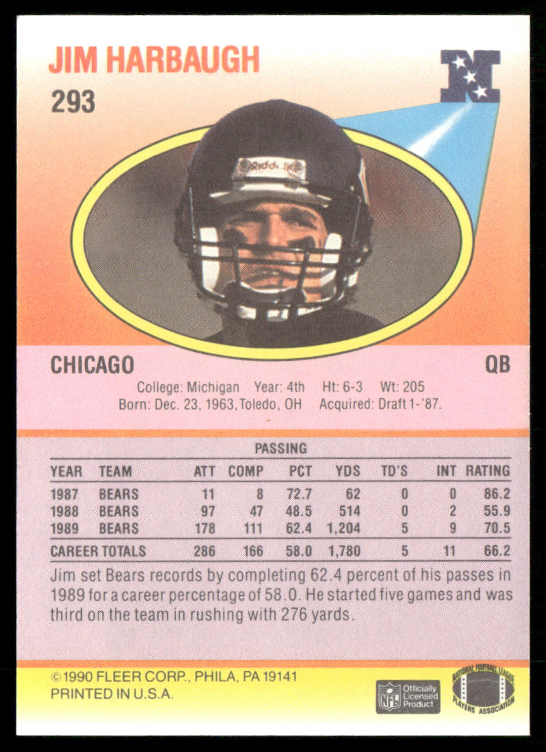 Jim Harbaugh 1990 Fleer #293 RC Chicago Bears