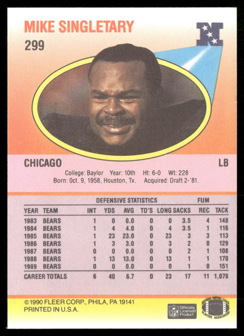 Mike Singletary 1990 Fleer #299 Chicago Bears