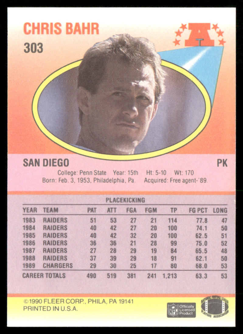 Chris Bahr 1990 Fleer #303 San Diego Chargers