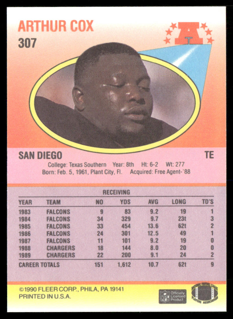 Arthur Cox 1990 Fleer #307 San Diego Chargers