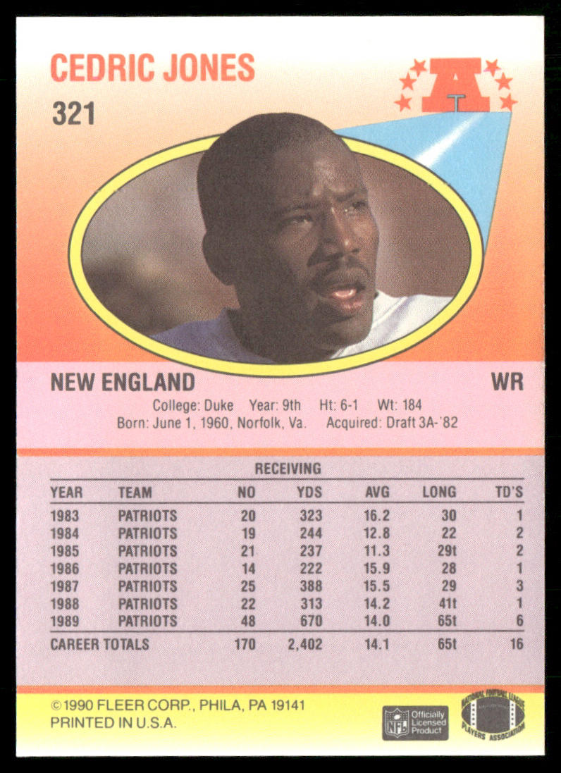 Cedric Jones 1990 Fleer #321 RC New England Patriots