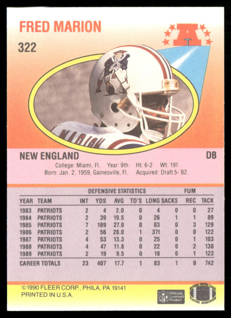 Fred Marion 1990 Fleer #322 New England Patriots