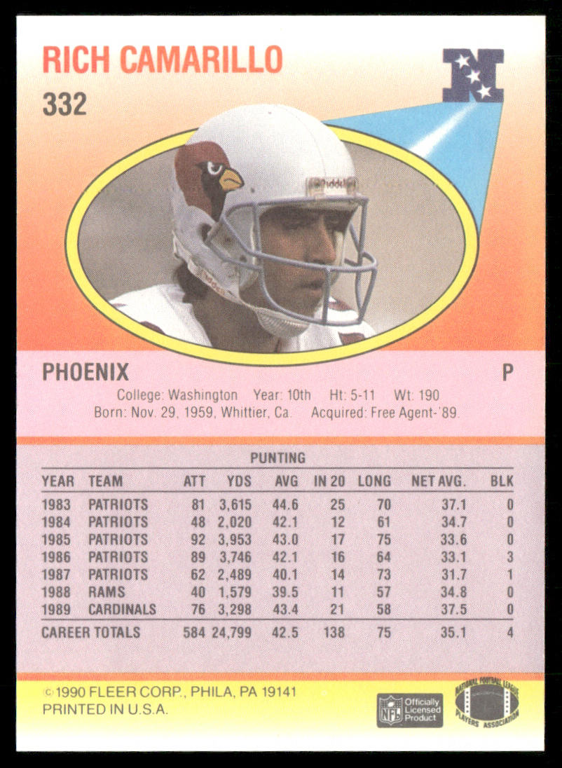 Rich Camarillo 1990 Fleer #332 Phoenix Cardinals