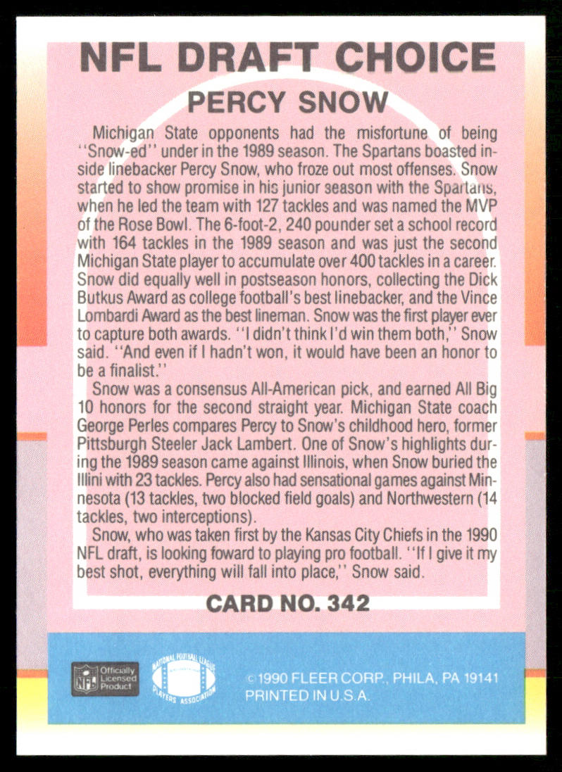 Percy Snow 1990 Fleer #342 RC Kansas City Chiefs
