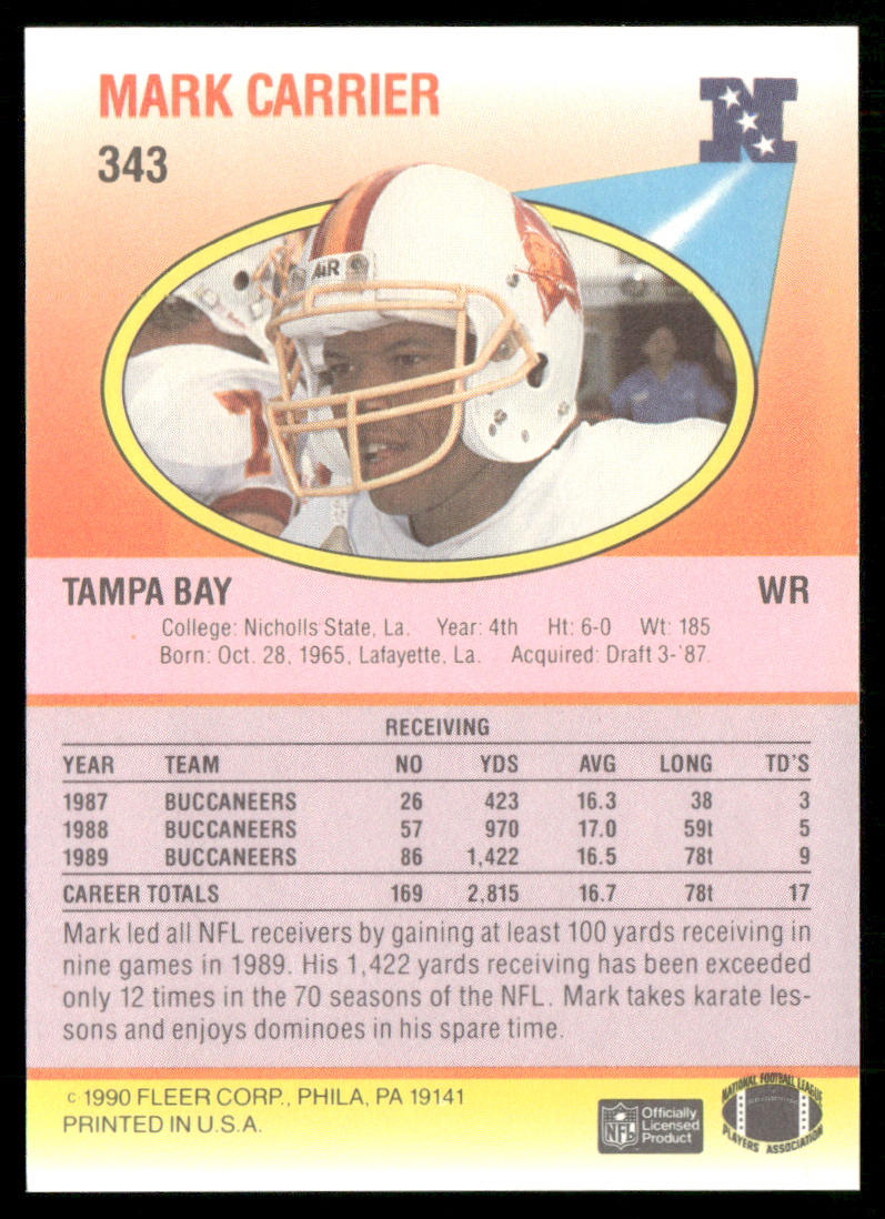 Mark Carrier 1990 Fleer #343 Tampa Bay Buccaneers