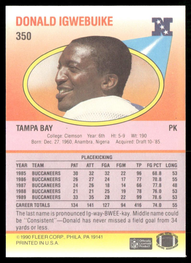 Donald Igwebuike 1990 Fleer #350 Tampa Bay Buccaneers