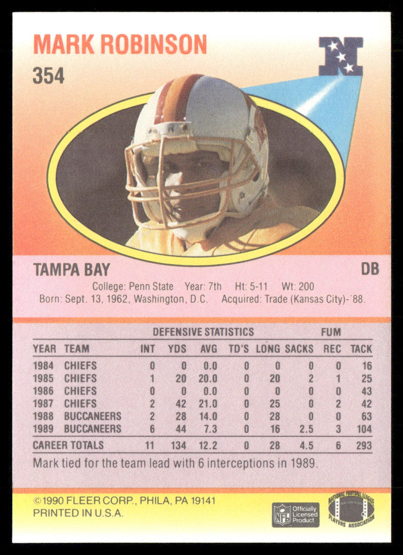 Mark Robinson 1990 Fleer #354 RC Tampa Bay Buccaneers