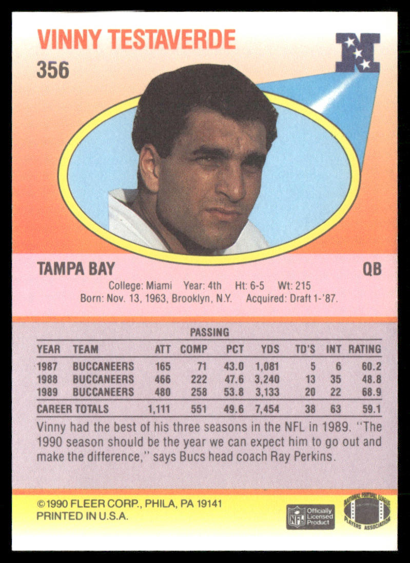 Vinny Testaverde 1990 Fleer #356 Tampa Bay Buccaneers