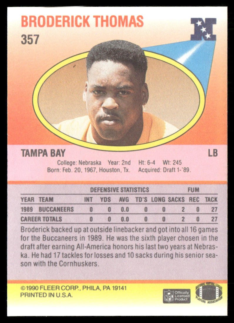 Broderick Thomas 1990 Fleer #357 Tampa Bay Buccaneers