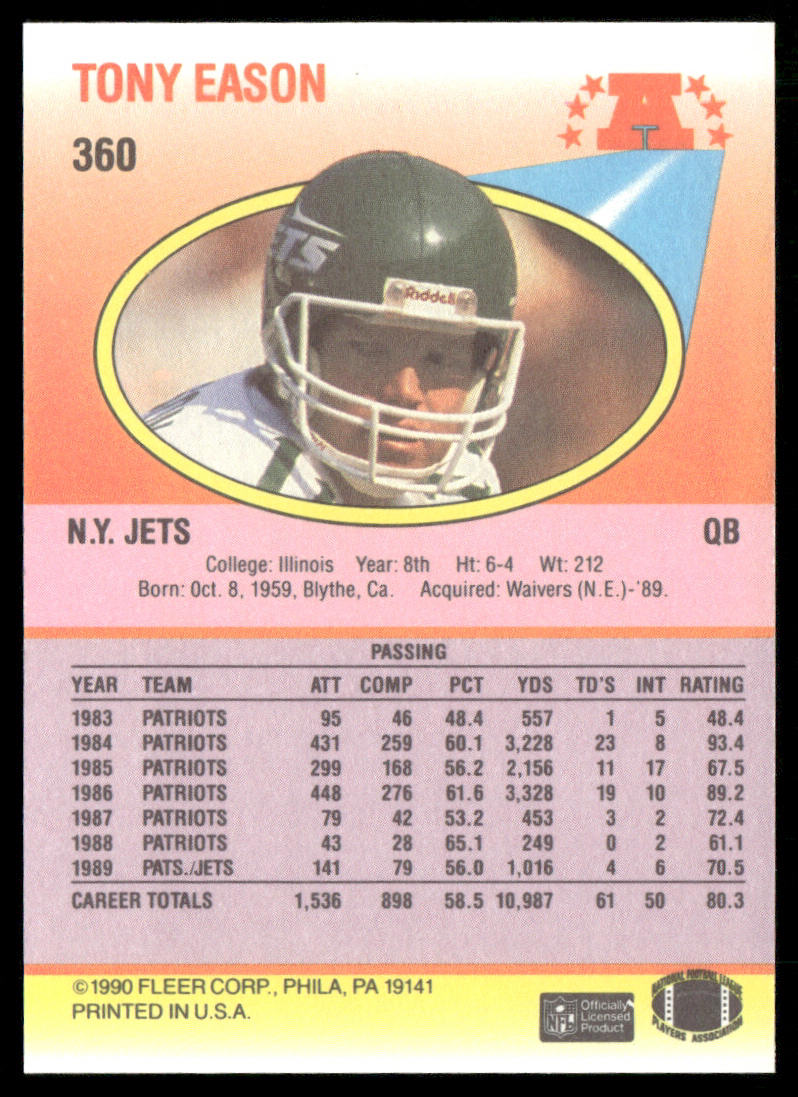 Tony Eason 1990 Fleer #360 New York Jets