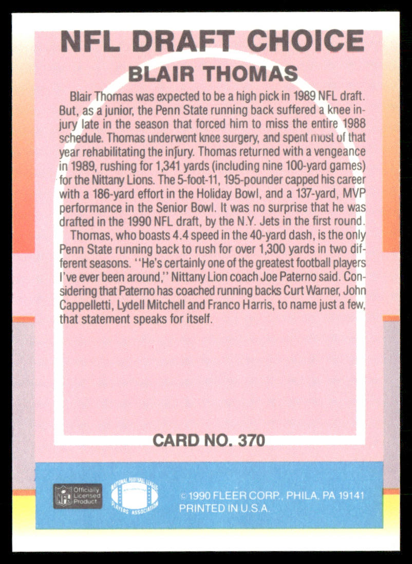 Blair Thomas 1990 Fleer #370 RC New York Jets