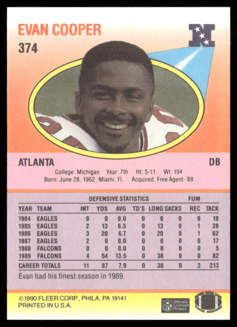 Evan Cooper 1990 Fleer #374 RC Atlanta Falcons