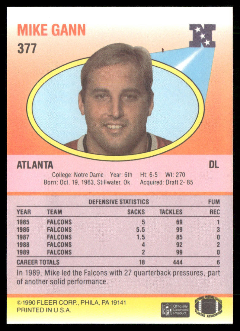 Mike Gann 1990 Fleer #377 Atlanta Falcons