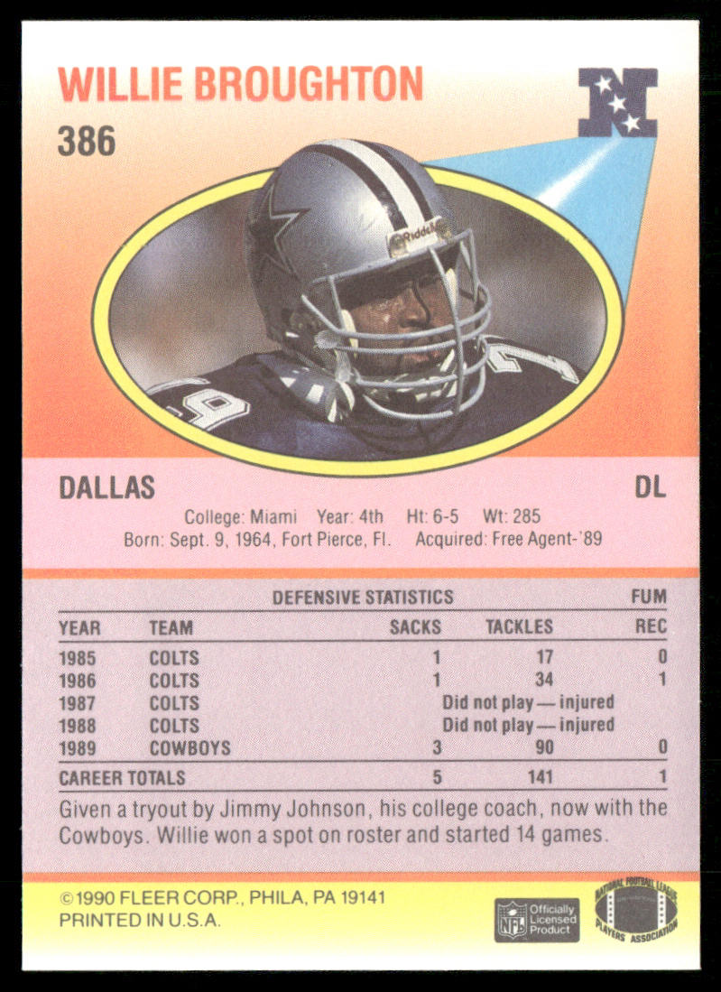 Willie Broughton 1990 Fleer #386 RC Dallas Cowboys