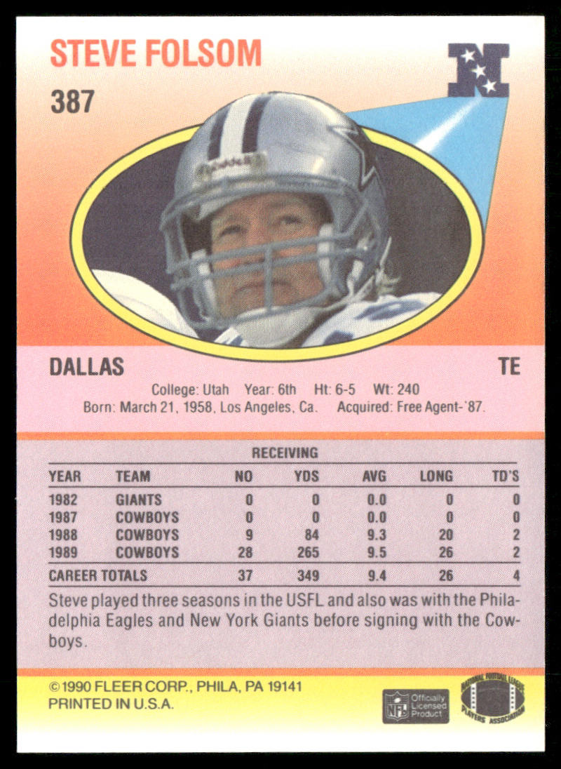Steve Folsom 1990 Fleer #387 RC Dallas Cowboys